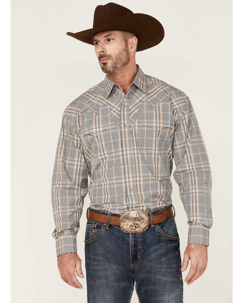 Stetson Men's Smoke Plaid Long Sleeve Snap Western Shirt , Grey, hi-res
