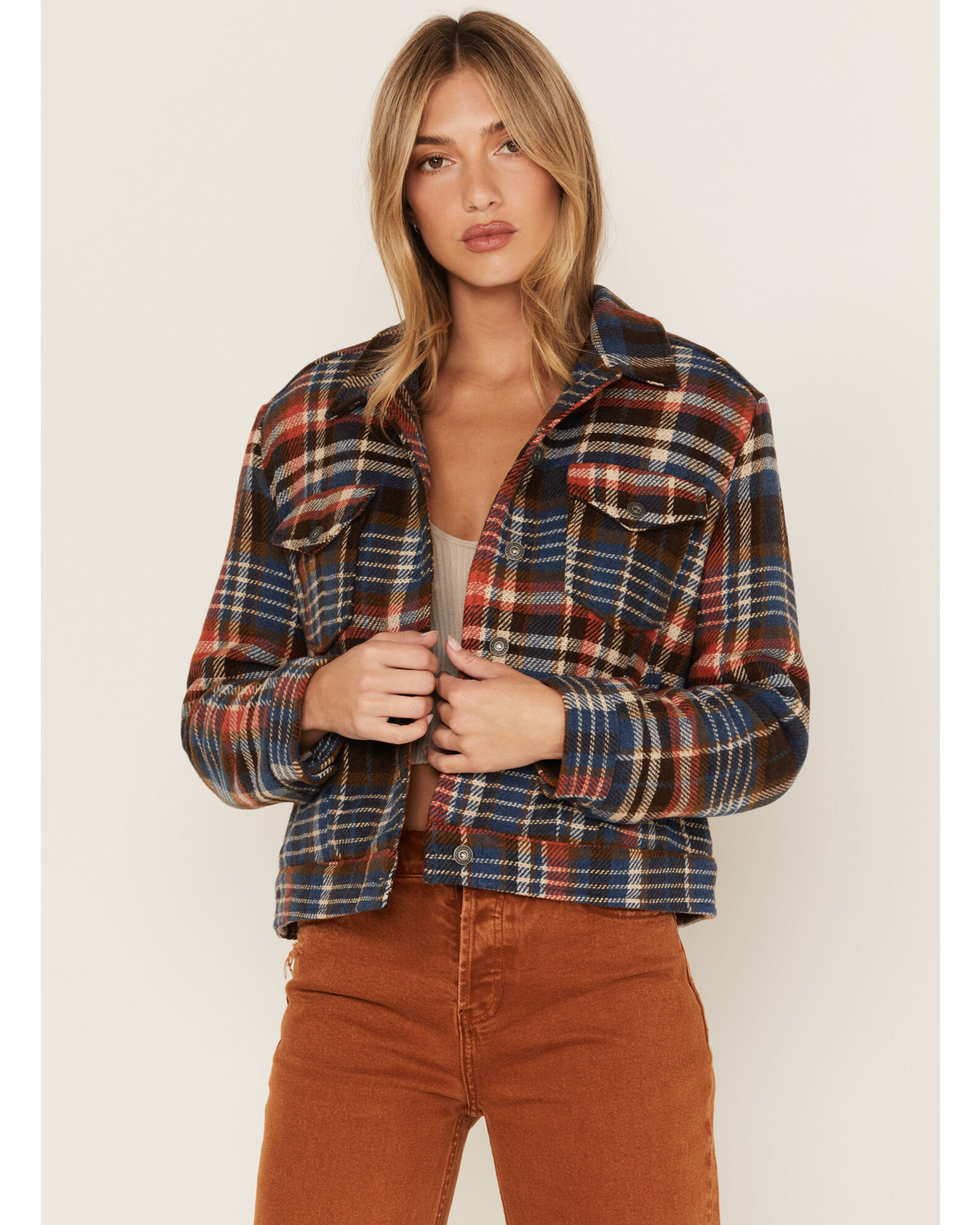 Plaid lined sherpa trucker jacket top