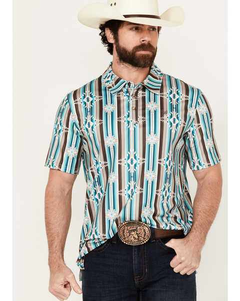 Panhandle Men's Southwestern Striped Print Short Sleeve Performance Polo Shirt , Turquoise, hi-res