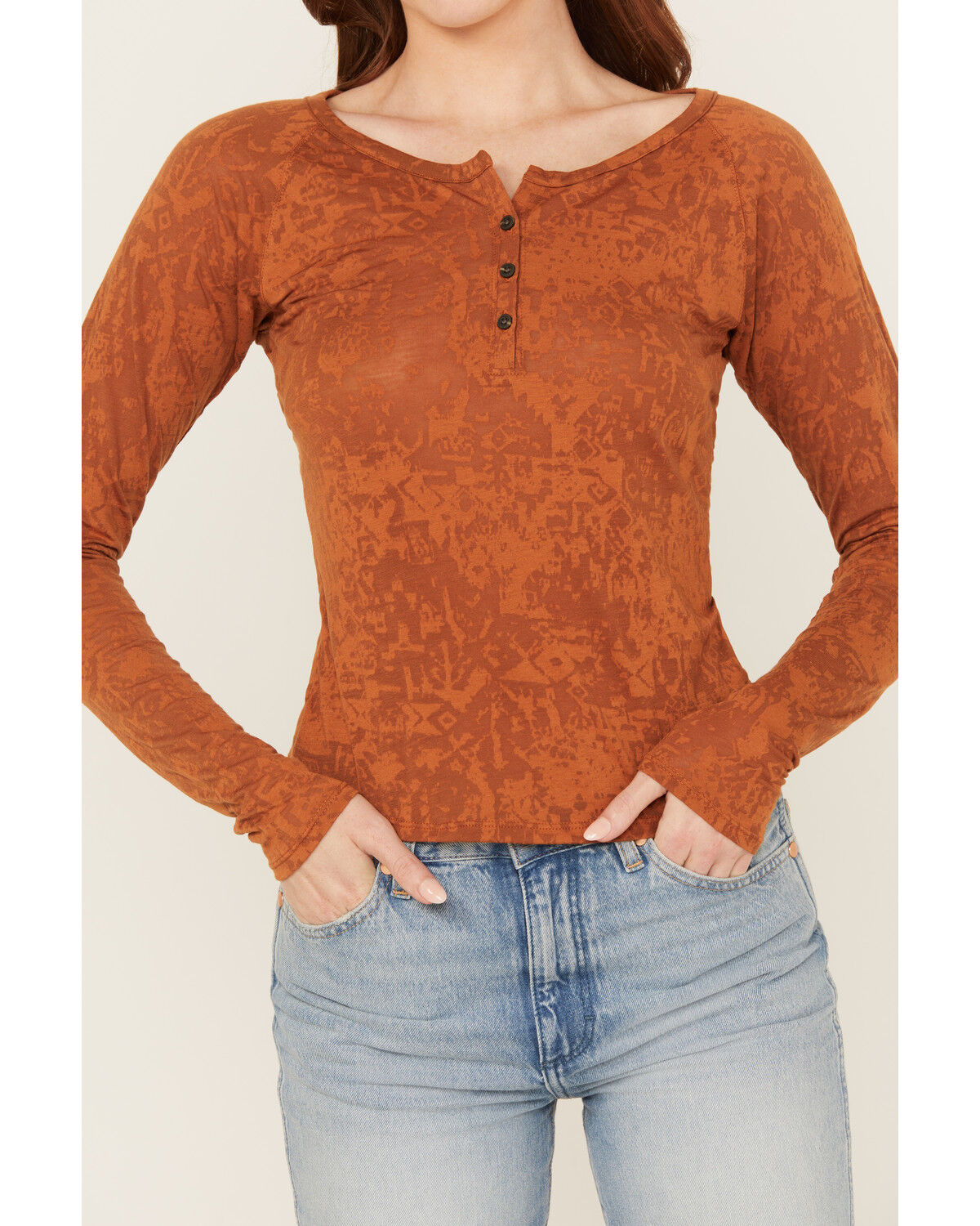 Image #3 - Shyanne Women's Long Sleeve Southwest Burnout Print Henley Shirt, Caramel, hi-res