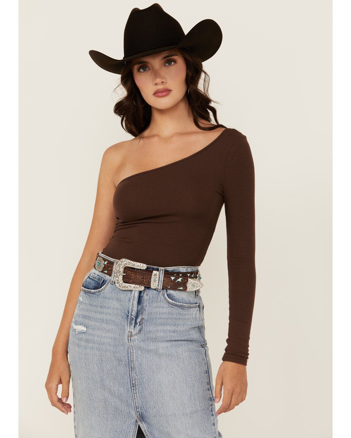Shyanne Women's Underlay Concho Studded Tooled Belt, Brown, hi-res