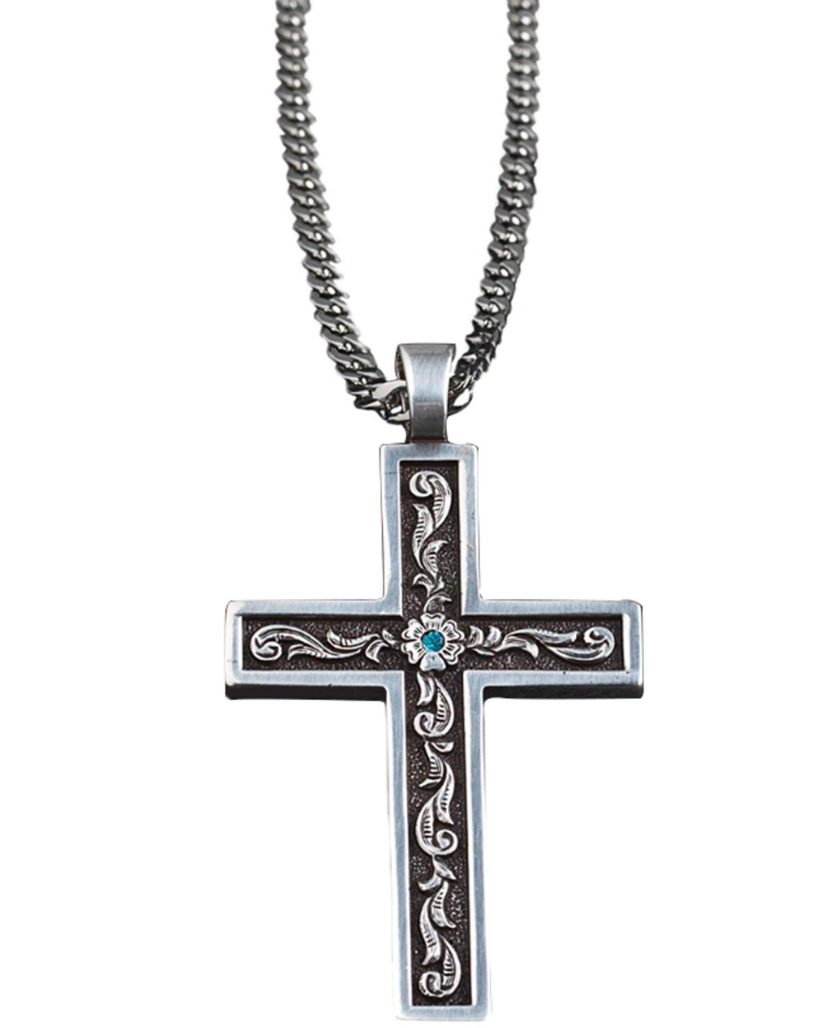 Twister Men's Tooled Inlay Cross Necklace, Silver, hi-res