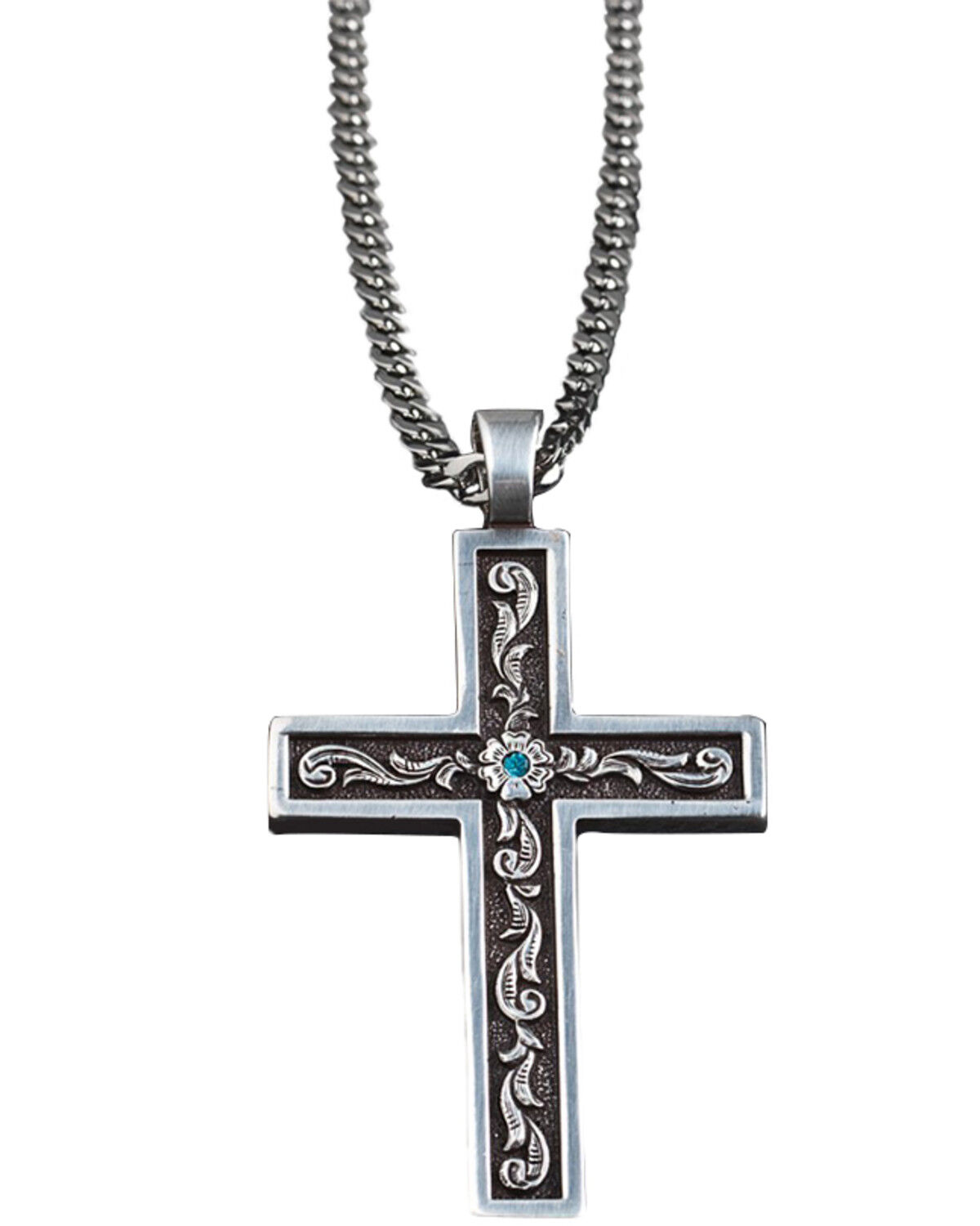 Image #1 - Twister Men's Tooled Inlay Cross Necklace, Silver, hi-res
