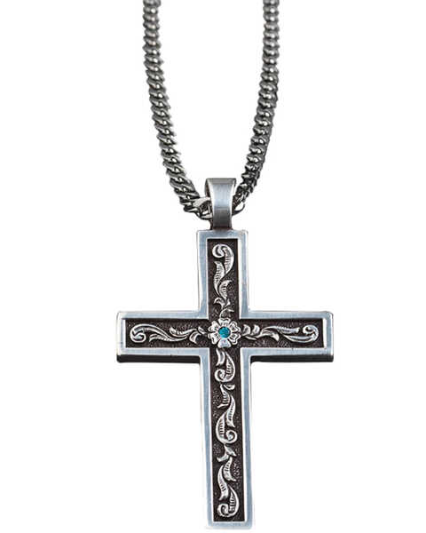 Image #1 - Twister Men's Tooled Inlay Cross Necklace , Silver, hi-res