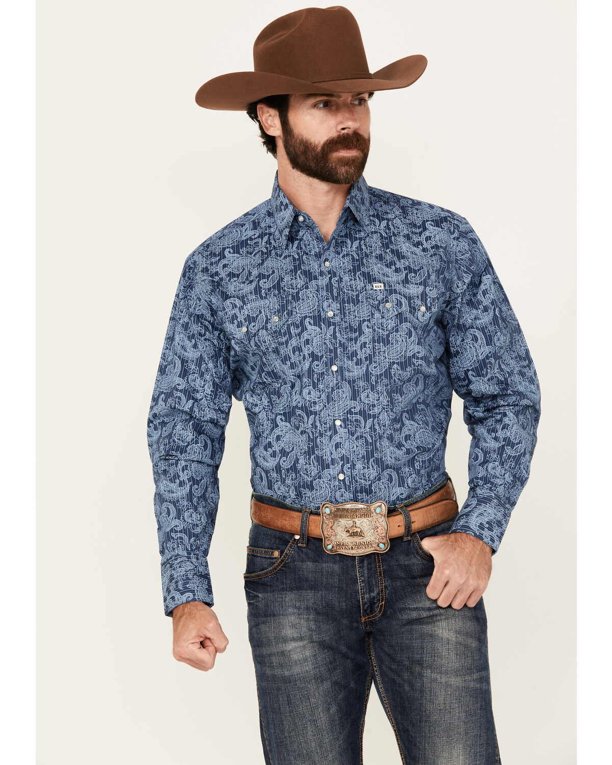Image #1 - Ely Walker Men's Tonal Paisley Print Long Sleeve Snap Stretch Western Shirt - Big, Blue, hi-res