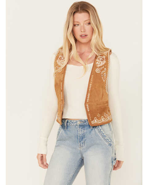 Image #1 - Scully Women's Embroidered Leather Vest , Tan, hi-res