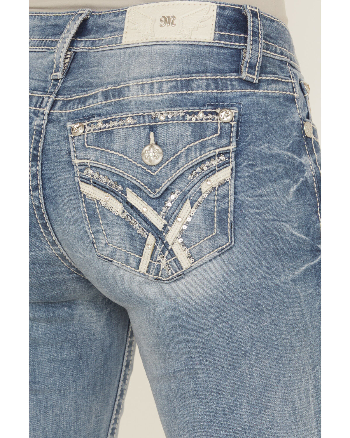 Image #2 - Miss Me Women's Medium Wash Mid Rise Bootcut Stretch Denim Jeans, Medium Wash, hi-res