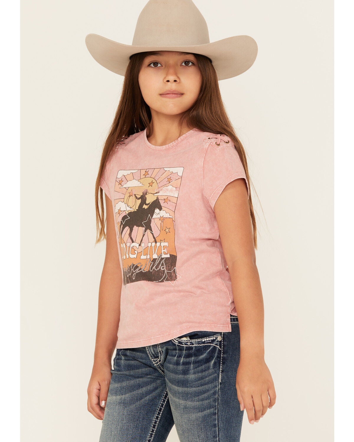 Shyanne Girls' Long Live Cowgirls Short Sleeve Graphic Tee, Pink, hi-res