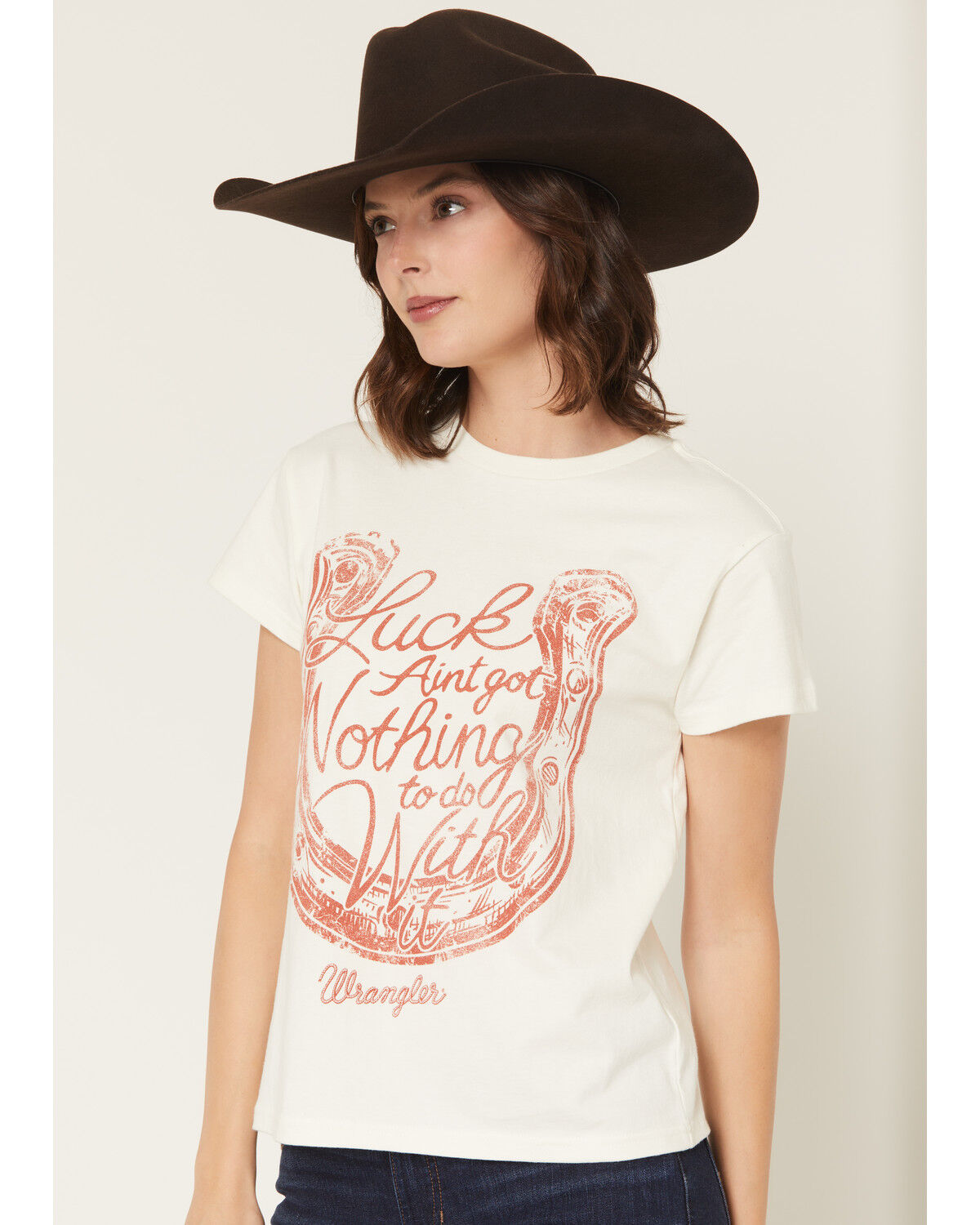 Image #2 - Wrangler Women's Luck Ain't Got Noting To Do With It Short Sleeve Graphic Tee, White, hi-res