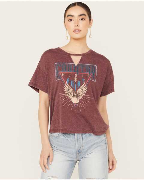 Ariat Women's Rock n Roll Keyhole Neck Short Sleeve Graphic Tee, Wine, hi-res