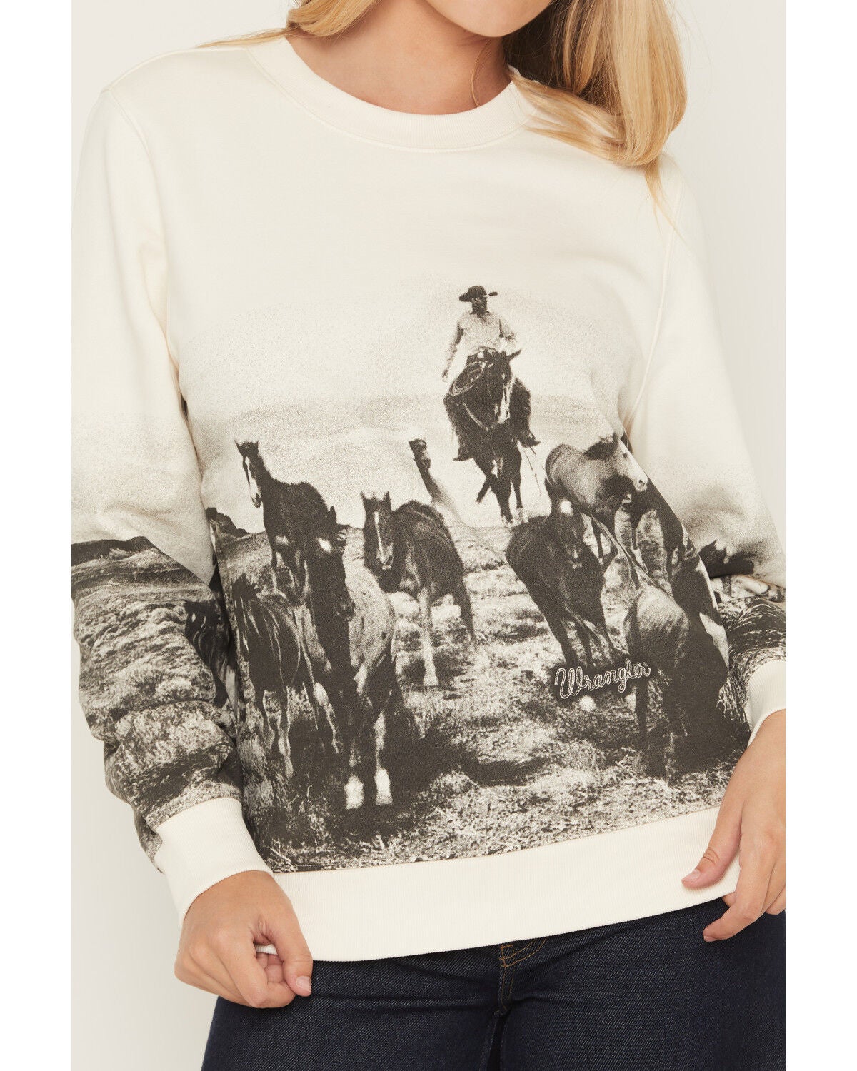 Image #1 - Wrangler Retro Women's Running Horses Graphic Crewneck, White, hi-res