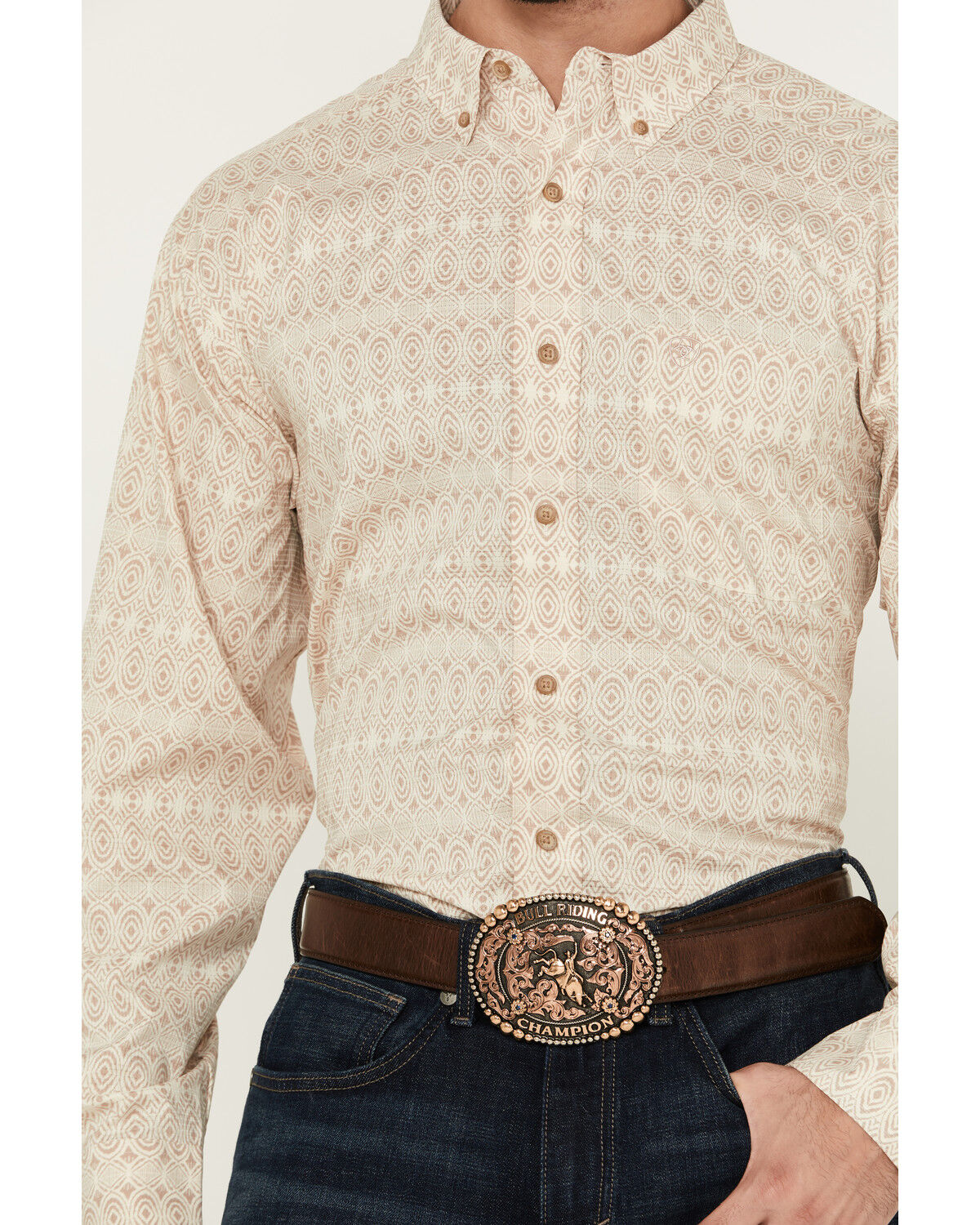 Image #3 - Ariat Men's 360 Airflow Geo Print Long Sleeve Button-Down Western Shirt, Beige, hi-res