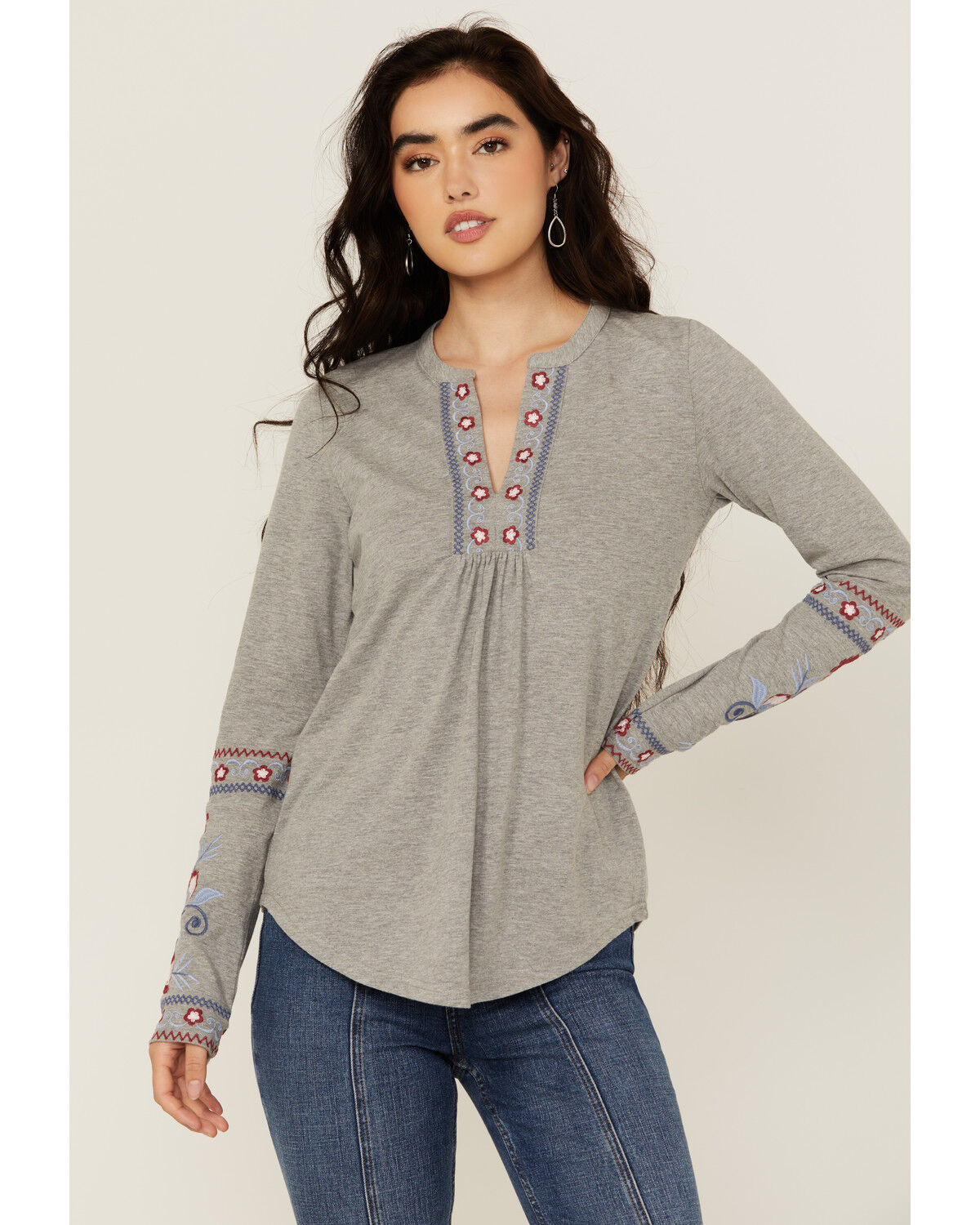 Image #1 - Roper Women's Floral Embroidered Long Sleeve Shirt, Grey, hi-res