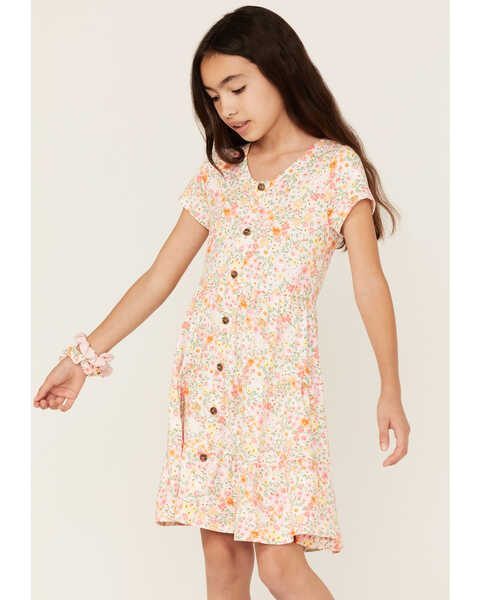 Trixxi Girls' Floral Print Scrunchie Set Dress, Pink, hi-res