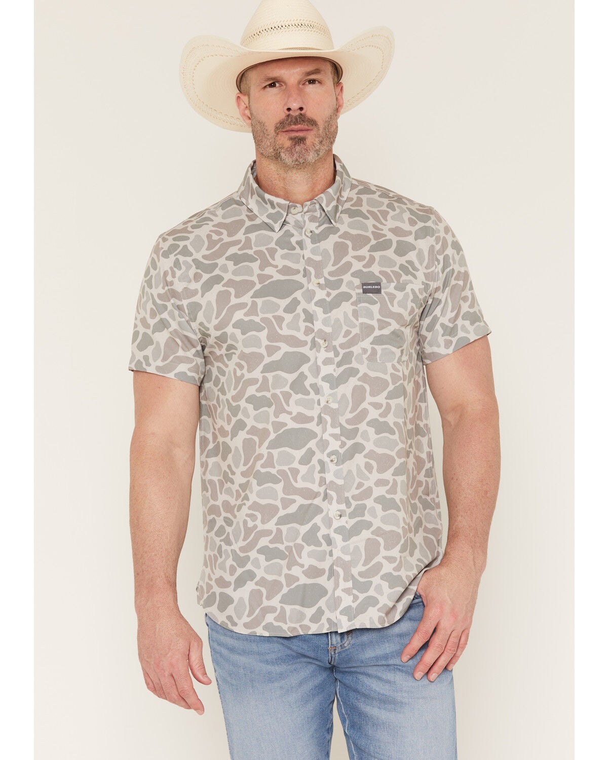 Image #1 - Burlebo Men's Camo Print Short Sleeve Button-Down Western Shirt, Camouflage, hi-res