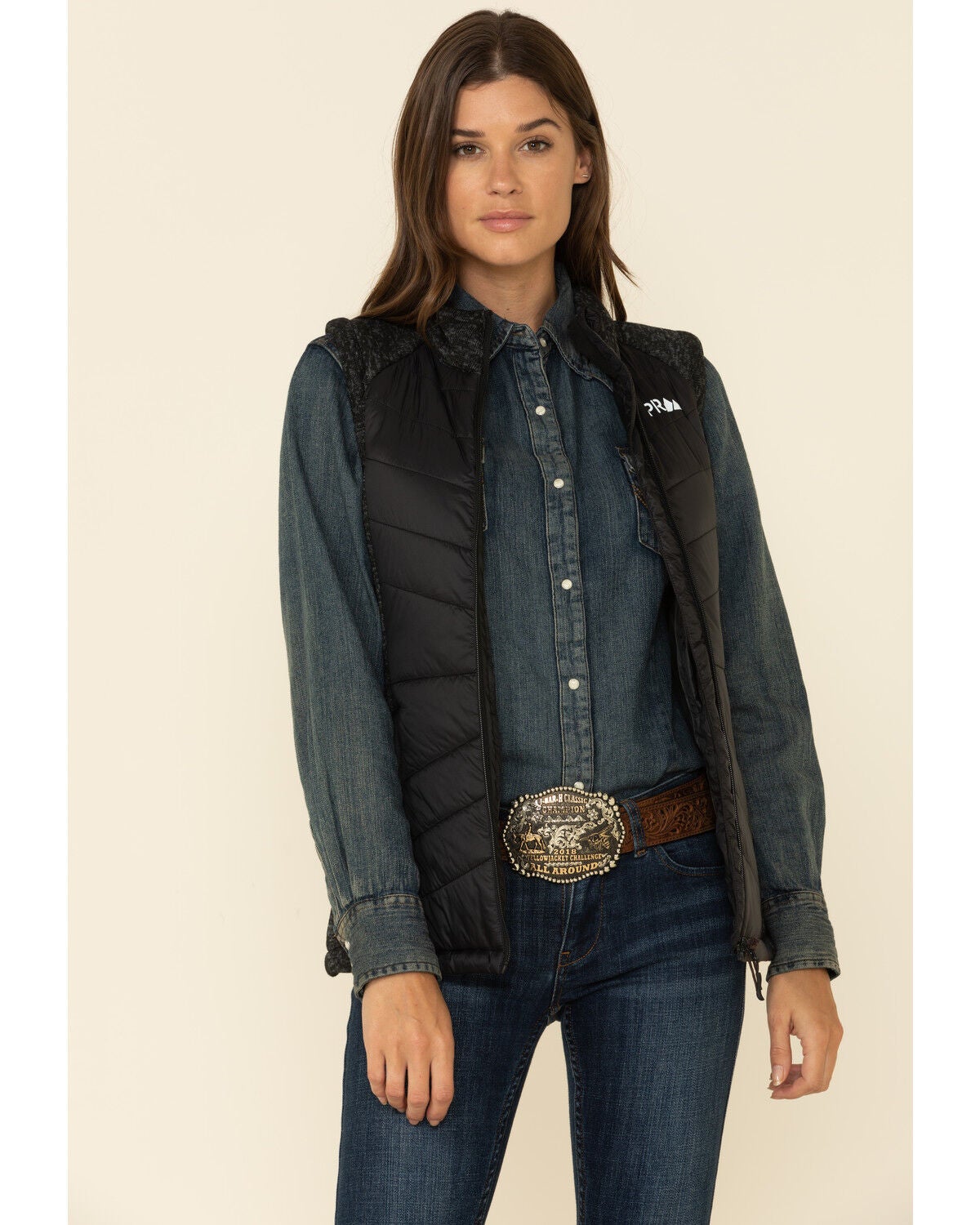 Image #1 - Powder River Outfitters Women's Black Concealed Carry Logo Vest, , hi-res