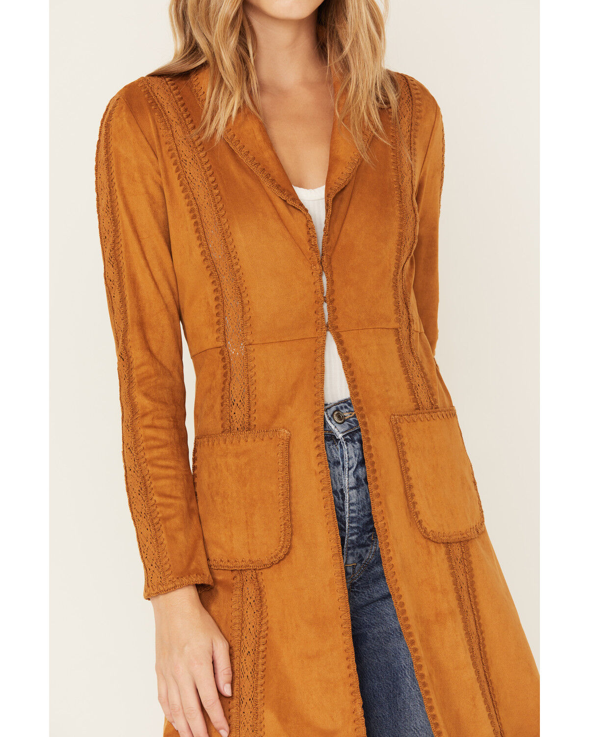 Image #3 - Shyanne Women's Faux Suede Crochet Duster Jacket, Caramel, hi-res