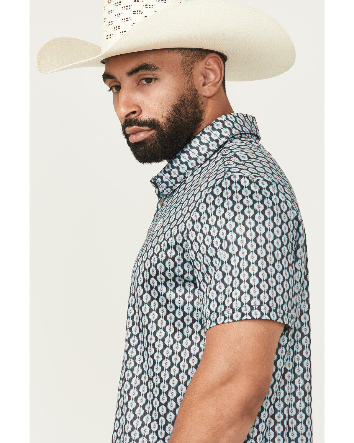 Image #2 - Rock & Roll Denim Men's Geo Print Short Sleeve Button-Down Stretch Polo Shirt, Black, hi-res