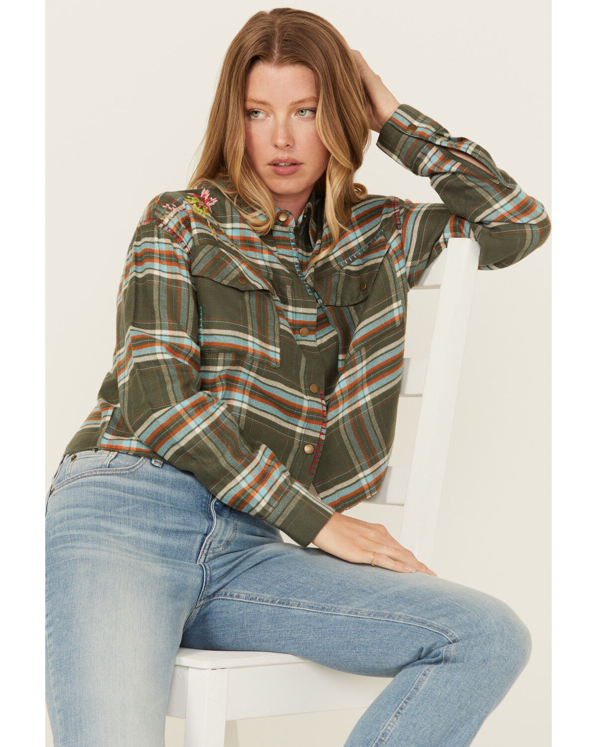 Image #1 - Cleo + Wolf Women's Corrie Plaid Print Embroidered Long Sleeve Snap Cropped Shirt, Dark Green, hi-res
