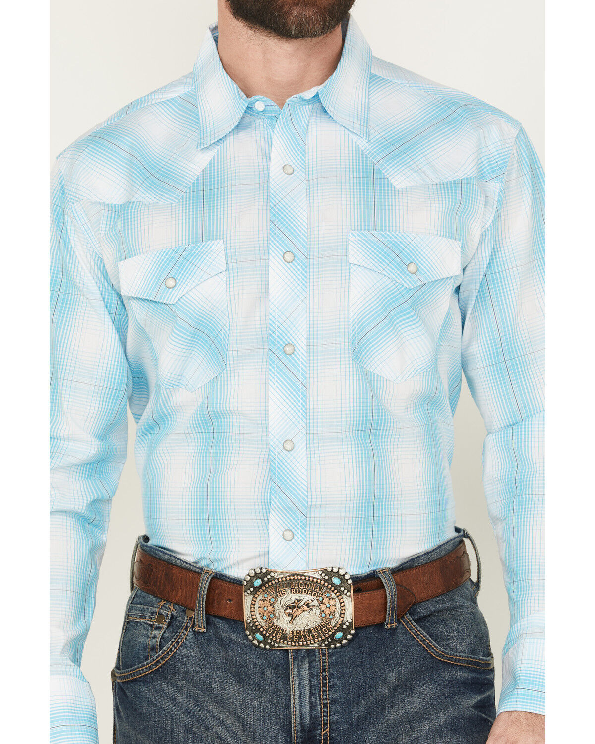 Image #3 - Wrangler Men's 20X Plaid Print Long Sleeve Snap Stretch Western Shirt, Turquoise, hi-res