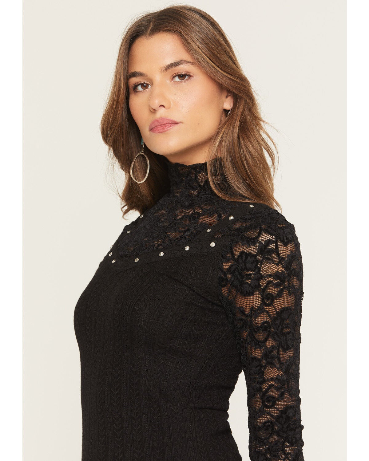 Miss Me Women's Mock Neck Lace Long Sleeve Top - Country Outfitter