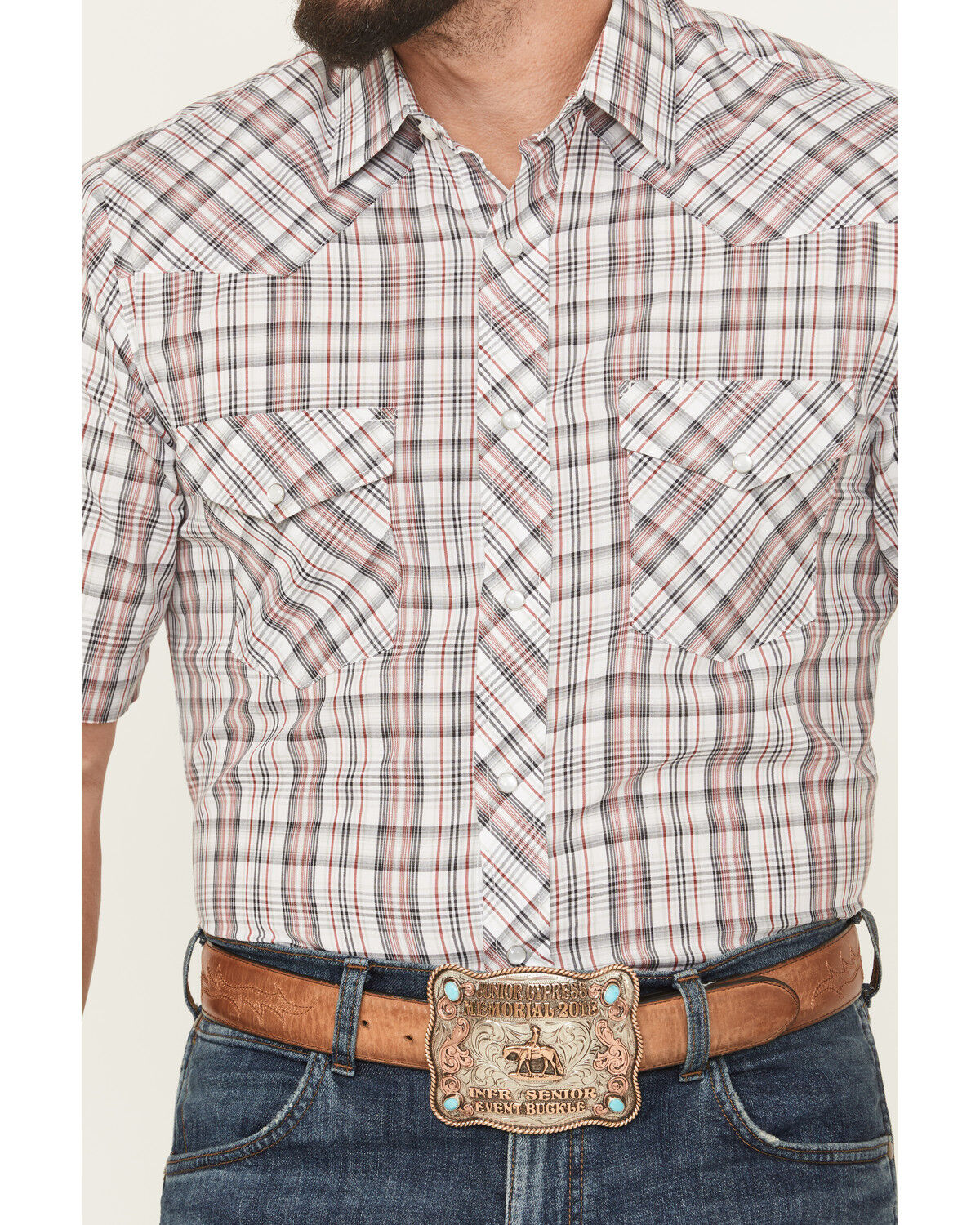 Image #3 - Roper Men's Plaid Print Short Sleeve Snap Stretch Western Shirt, White, hi-res