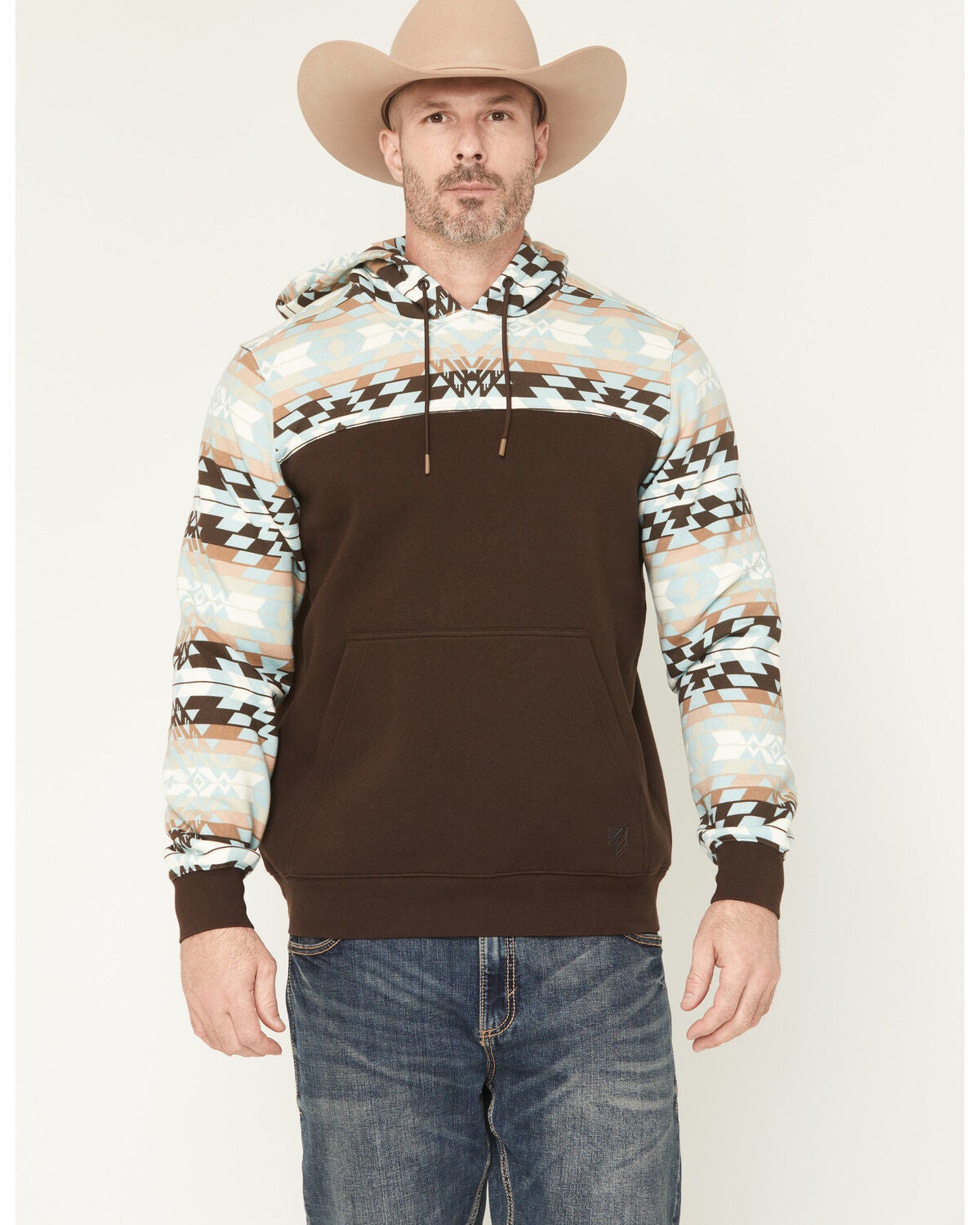 RANK 45&reg; Men's Horizon Southwestern Print Colorblock Hooded Sweatshirt, Coffee, hi-res