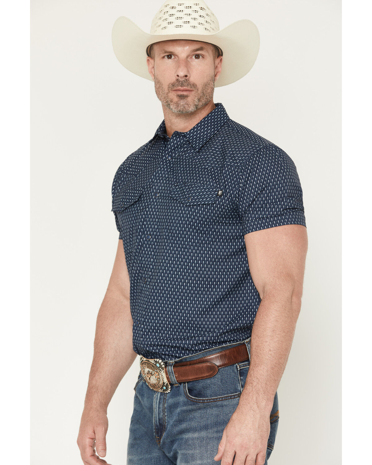 Image #2 - RANK 45® Men's Wind River Geo Print Short Sleeve Snap Performance Western Shirt, Navy, hi-res