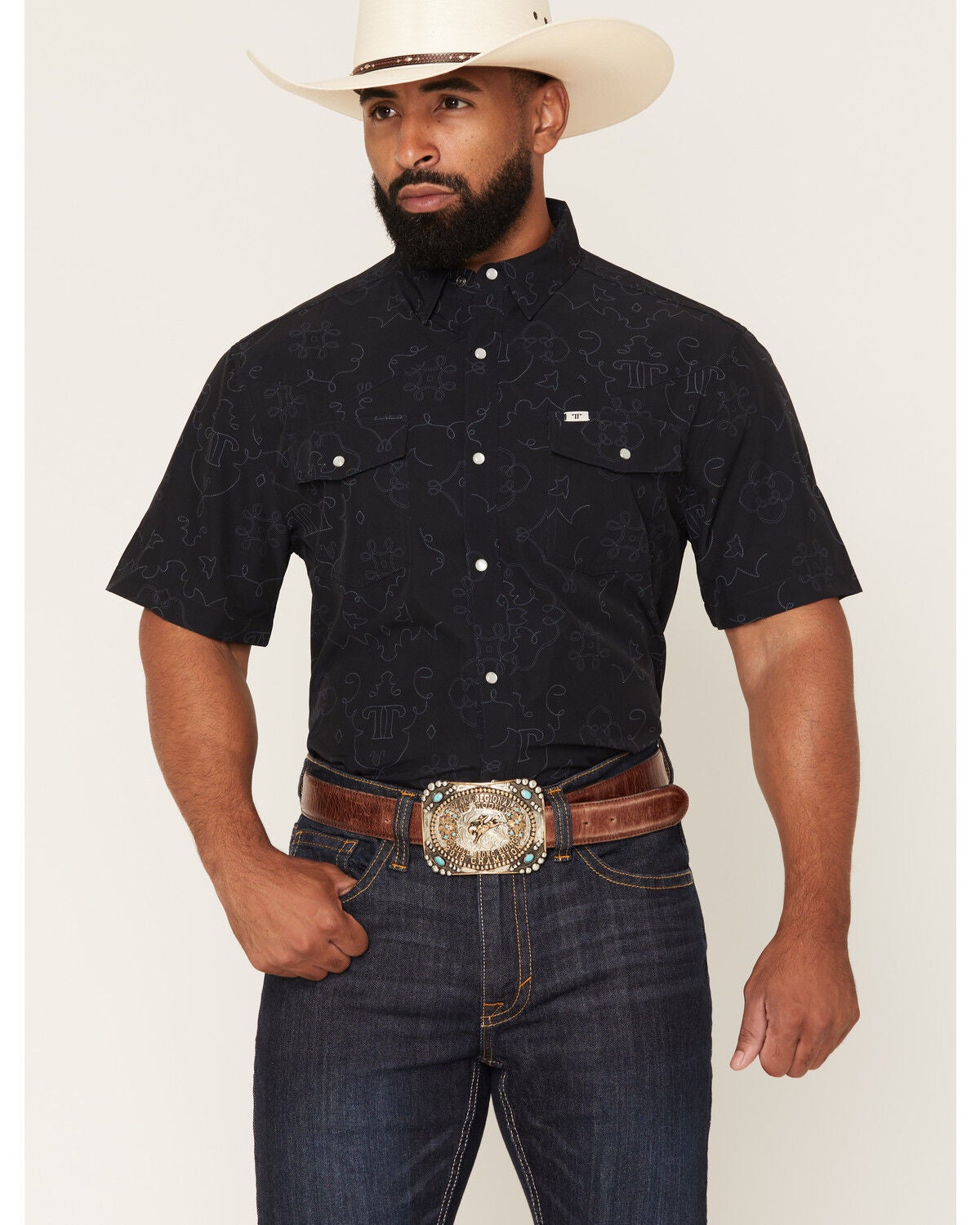 Ferrell Men's Tek Carson Boot Stitch Print Short Sleeve Pearl Snap Stretch Performance Western Shirt, Black, hi-res