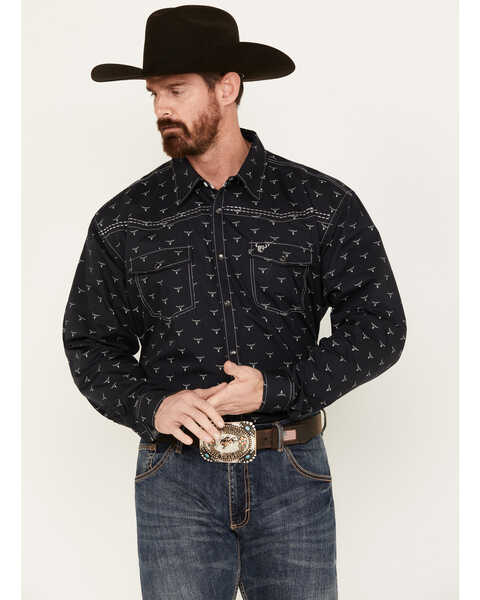 Cowboy Hardware Men's Skull Print Long Sleeve Western Snap Shirt, Black, hi-res