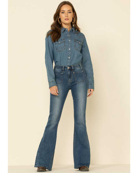 Wrangler Women's Medium Denim Snap Long Sleeve Western Shirt , Blue, hi-res