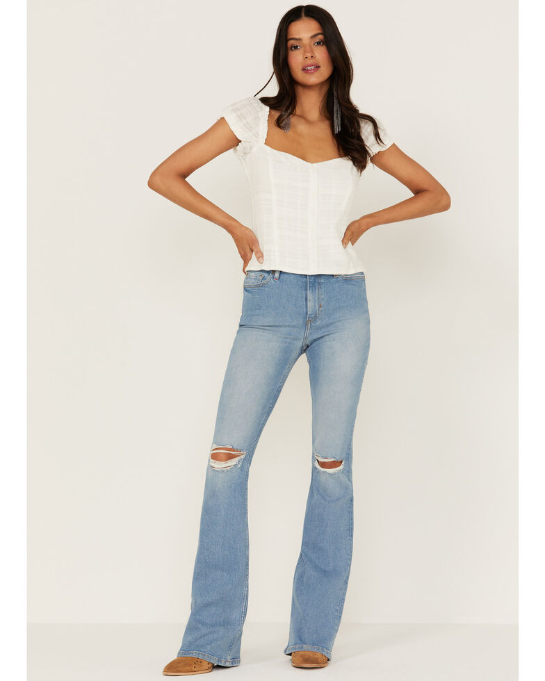 Idyllwind Women's High Rise Distressed Knee Flare Jeans, Medium Wash, hi-res