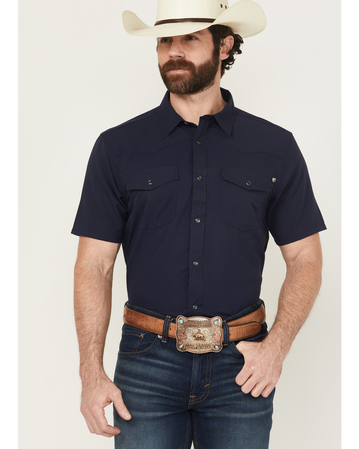 Image #1 - RANK 45® Men's Ridge Solid Short Sleeve Snap Performance Western Shirt, Navy, hi-res