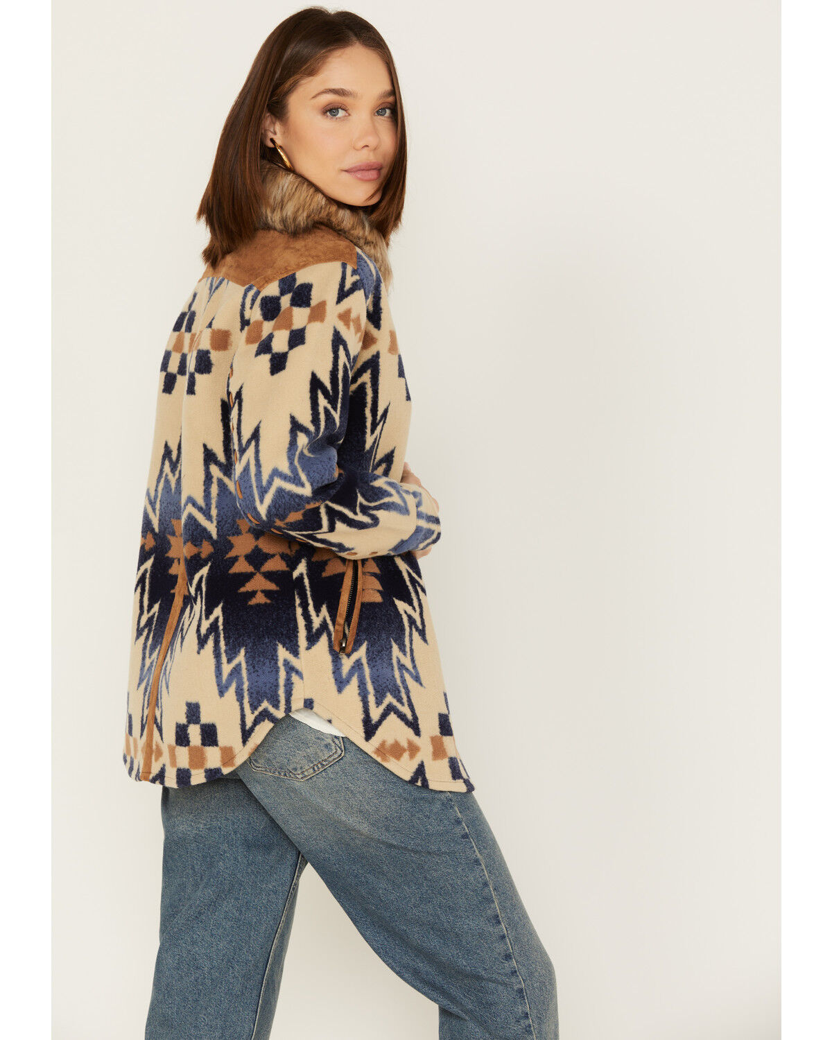 Image #4 - Tasha Polizzi Women's The Mountain Shirt Southwestern Print Faux Fur Collar Jacket, Blue, hi-res