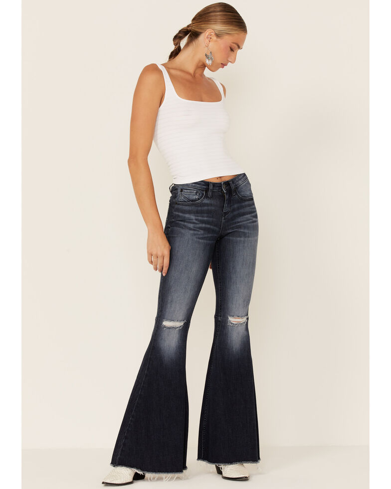 Shyanne Women's Dark Wash Mr Super Flare Destructed Fray Jeans , Dark Blue, hi-res