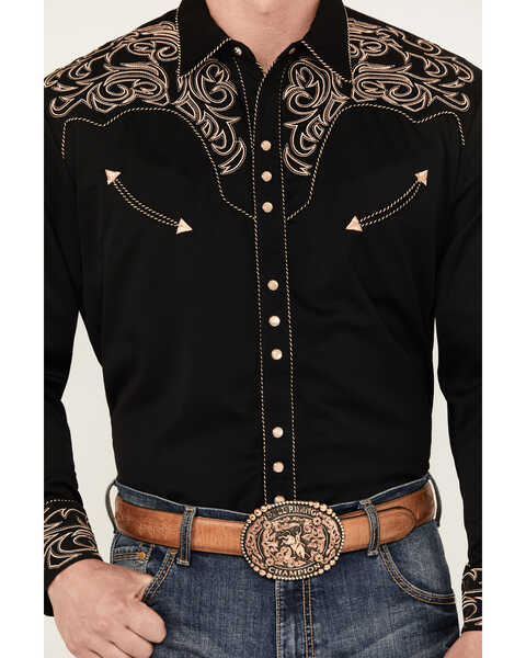 Image #3 - Scully Men's Embroidered Scroll Long Sleeve Snap Western Shirt, Black, hi-res