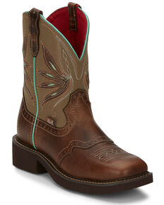 Justin Women's Nettie Tan Western Boots - Wide Square Toe, Olive, hi-res