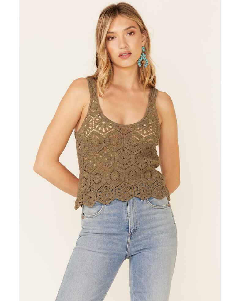 Very J Women's Crochet Sweater Knit Tank Top , Olive, hi-res
