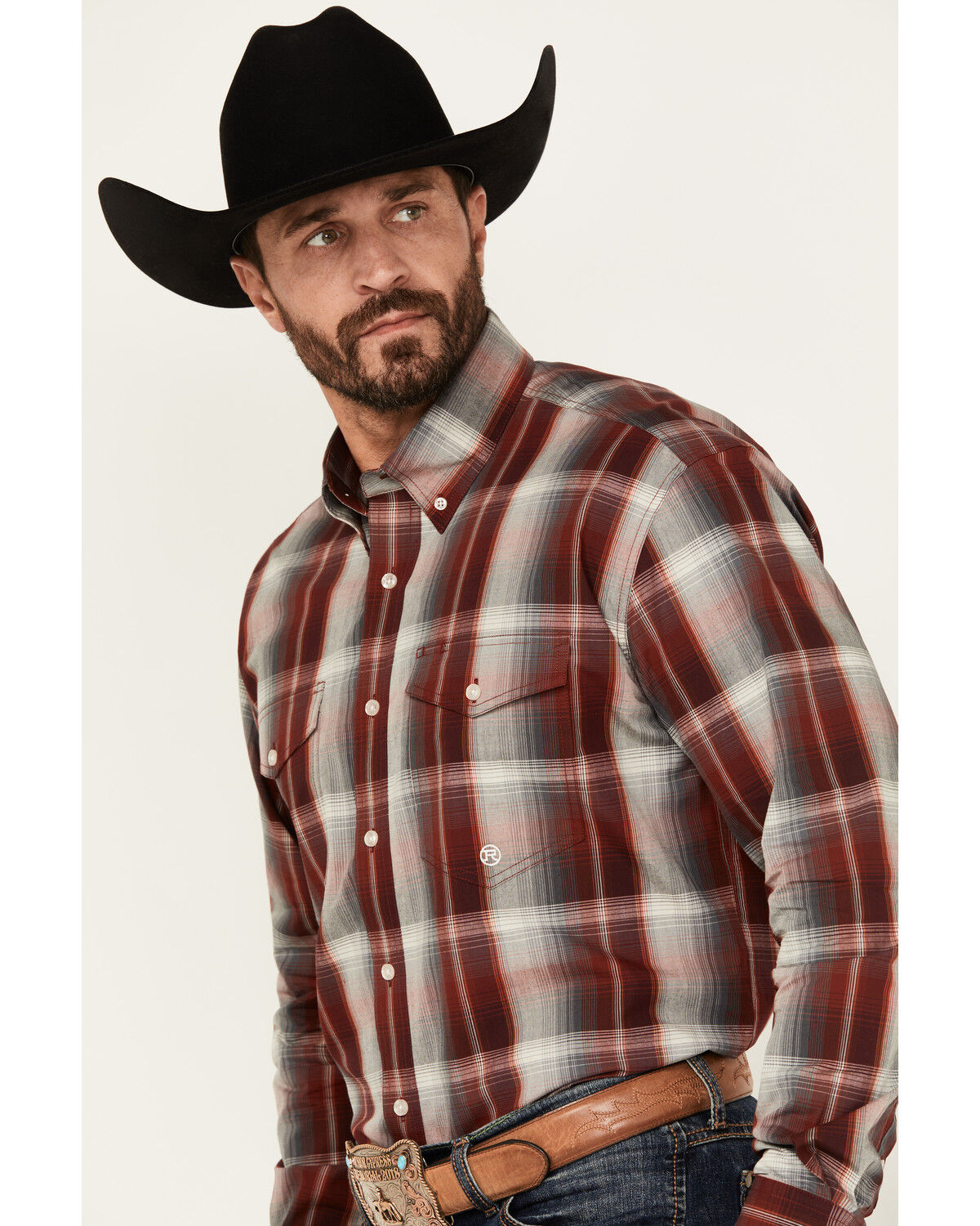 Image #2 - Roper Men's Amarillo Plaid Print Long Sleeve Button-Down Western Shirt, Wine, hi-res