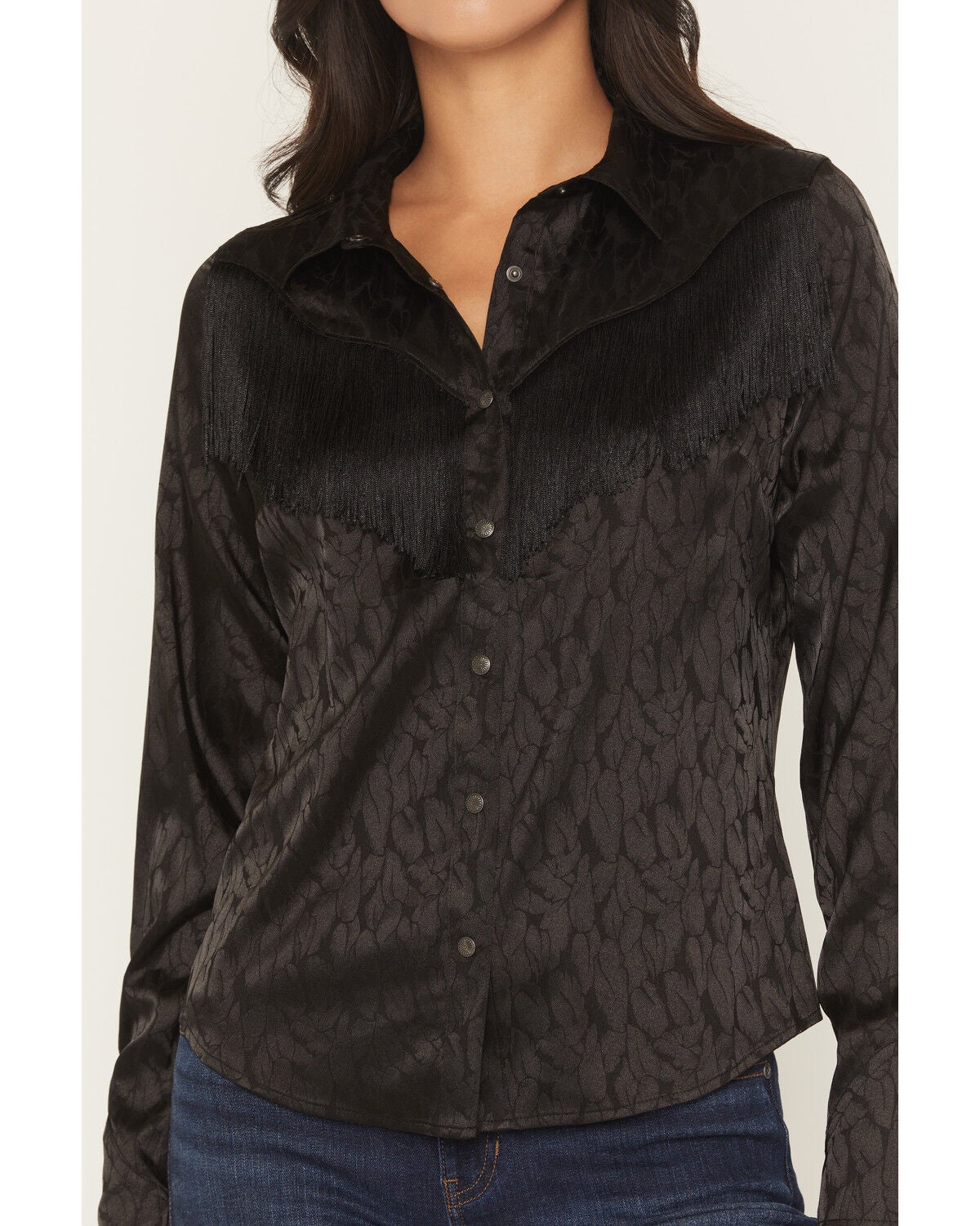 Image #3 - Shyanne Women's Roberta Long Sleeve Fringe Satin Button-Down Western Shirt, Black, hi-res