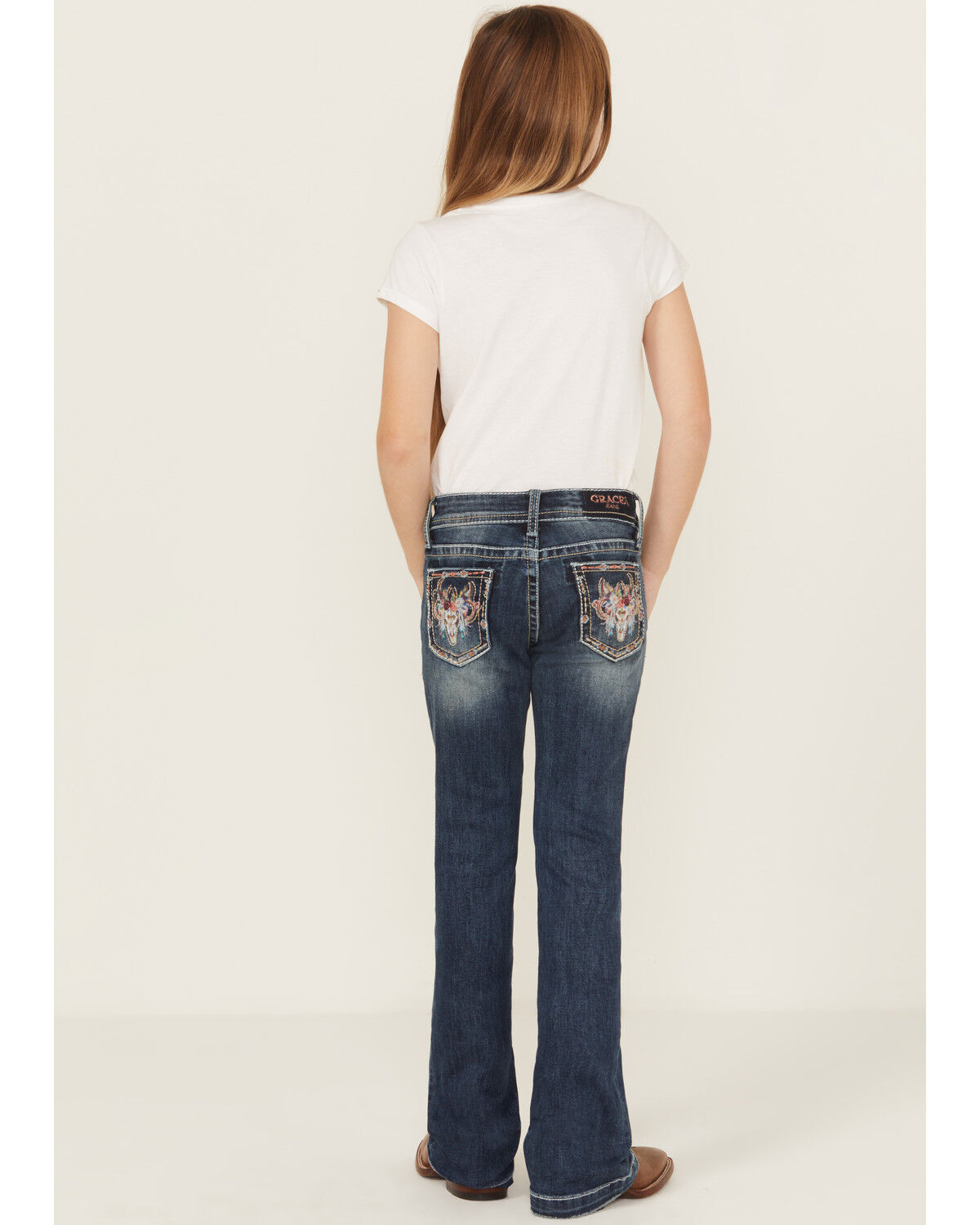 Image #1 - Grace In LA Girls' Floral Steerhead Embroidered Dark Wash Bootcut Stretch Denim Jeans, Medium Wash, hi-res