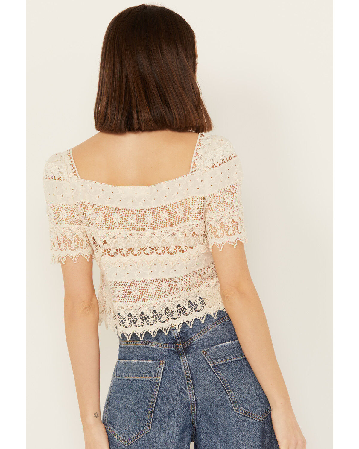 Image #4 - By Together Women's Crochet Short Sleeve Peasant Top, Cream, hi-res