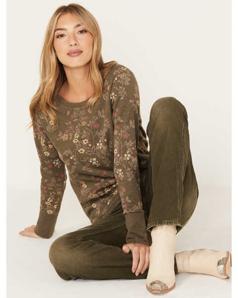 North River Women's Floral Print Thermal Long Sleeve Shirt, Olive, hi-res