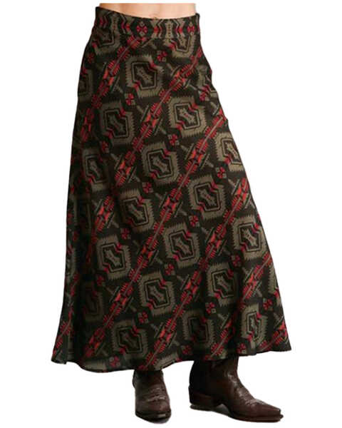 Stetson Women's Rayon Challis Blanket Print Long Cut Skirt , Brown, hi-res