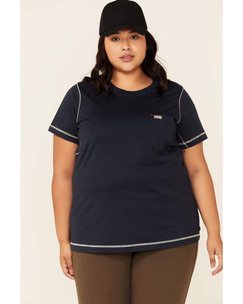 Ariat Women's Navy Camo Rebar Workman Back Flag Graphic Short Sleeve Work Pocket T-Shirt - Plus, Blue, hi-res