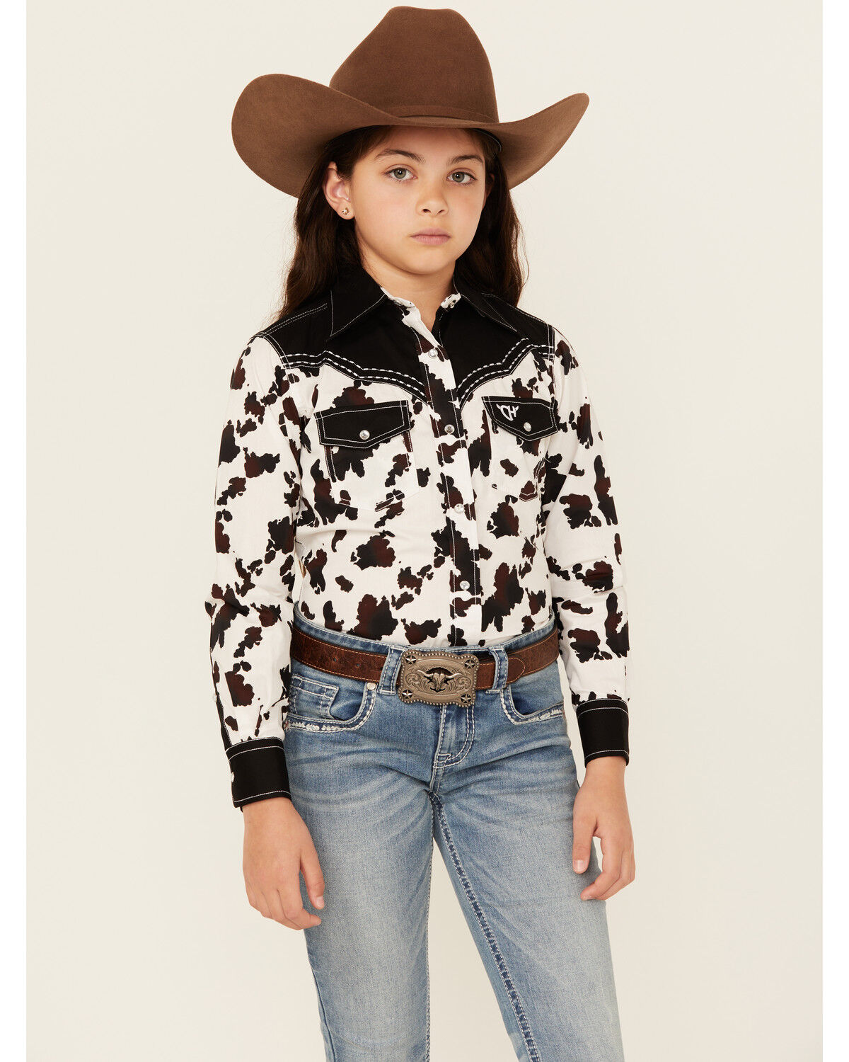 Image #1 - Cowgirl Hardware Girls' Moody Cow Print Long Sleeve Snap Western Shirt, Black, hi-res
