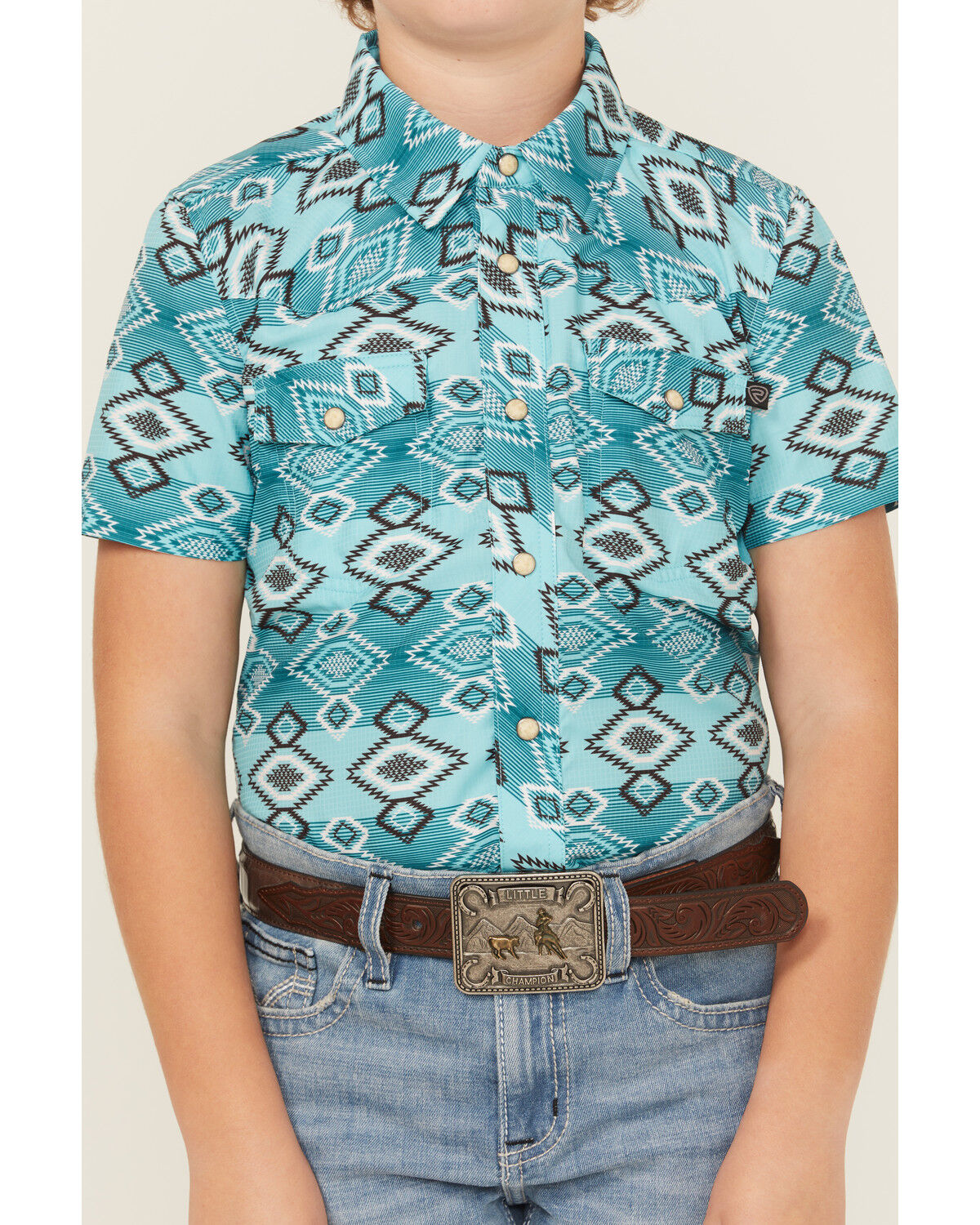 Image #2 - Rock & Roll Denim Boys' Southwestern Print Short Sleeve Snap Western Shirt, Teal, hi-res