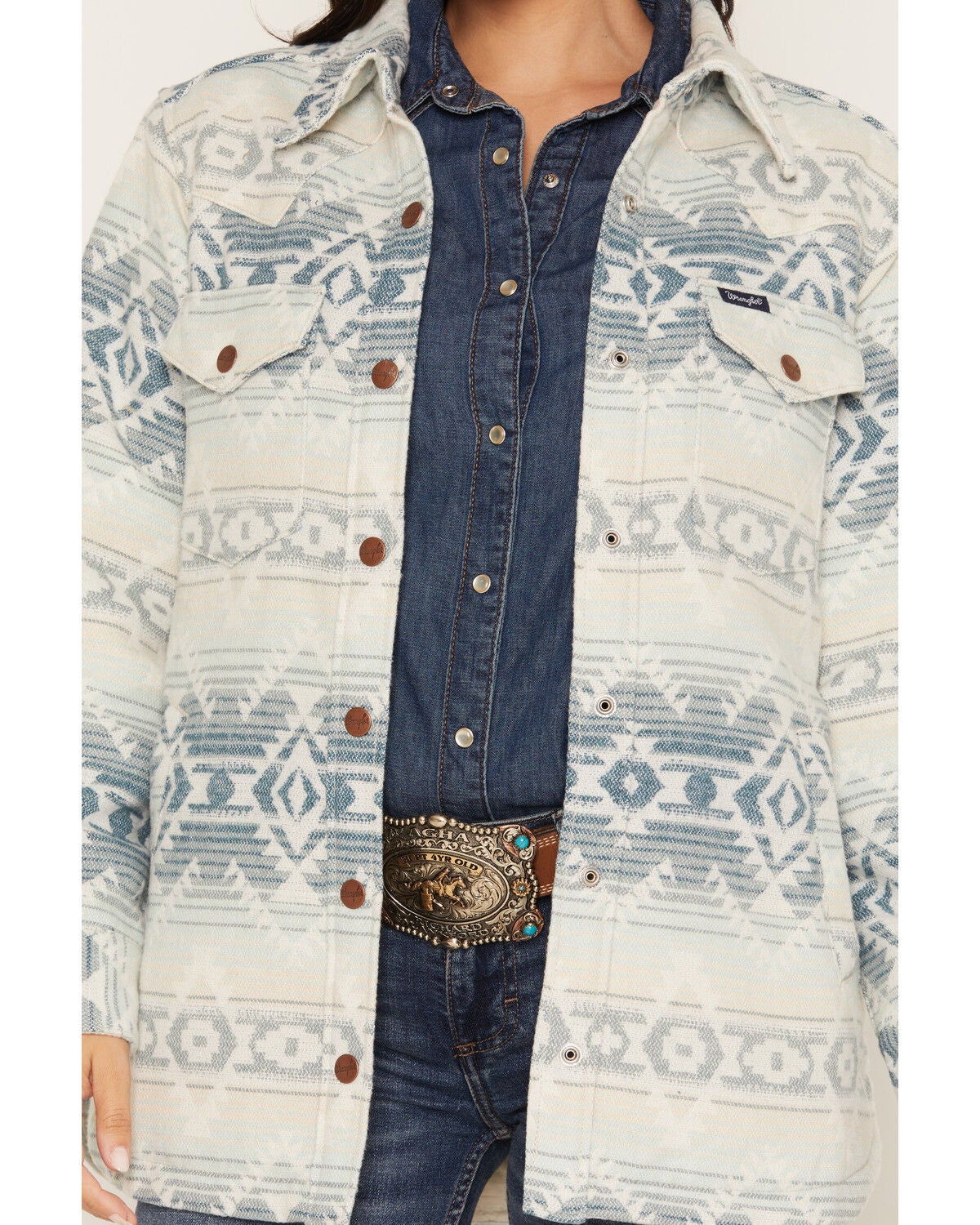 Image #3 - Wrangler Women's Southwestern Striped Lined Jacquard Shacket, Blue, hi-res