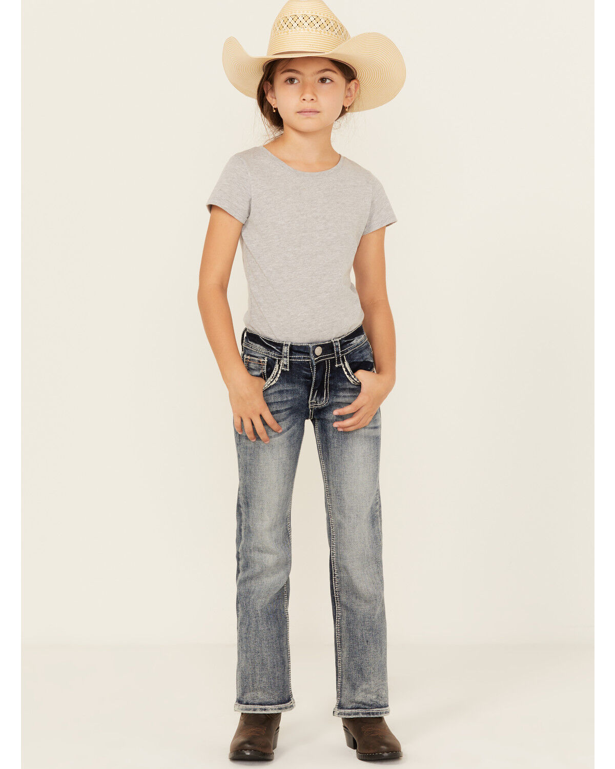 Image #3 - Grace in LA Little Girls' Light Wash Horseshoe Floral Bootcut Denim Jeans, Medium Wash, hi-res