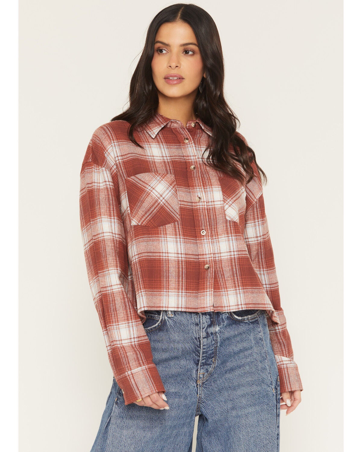 Ely Walker Women's Boot Barn Exclusive Plaid Print Long Sleeve Button-Down Cropped Flannel Shirt, Burgundy, hi-res